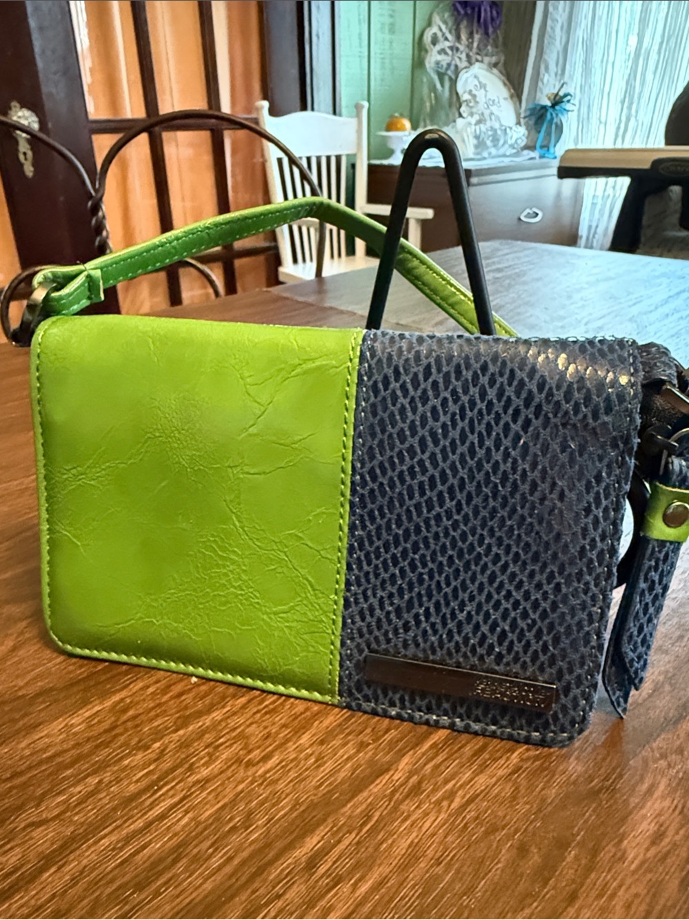 Kenneth Cole Reaction Trifold Wallet - lime green and blue-grey faux snakeskin